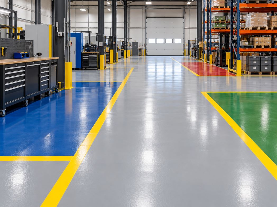 Epoxy lantai dengan pembagian zona pada area industri.
